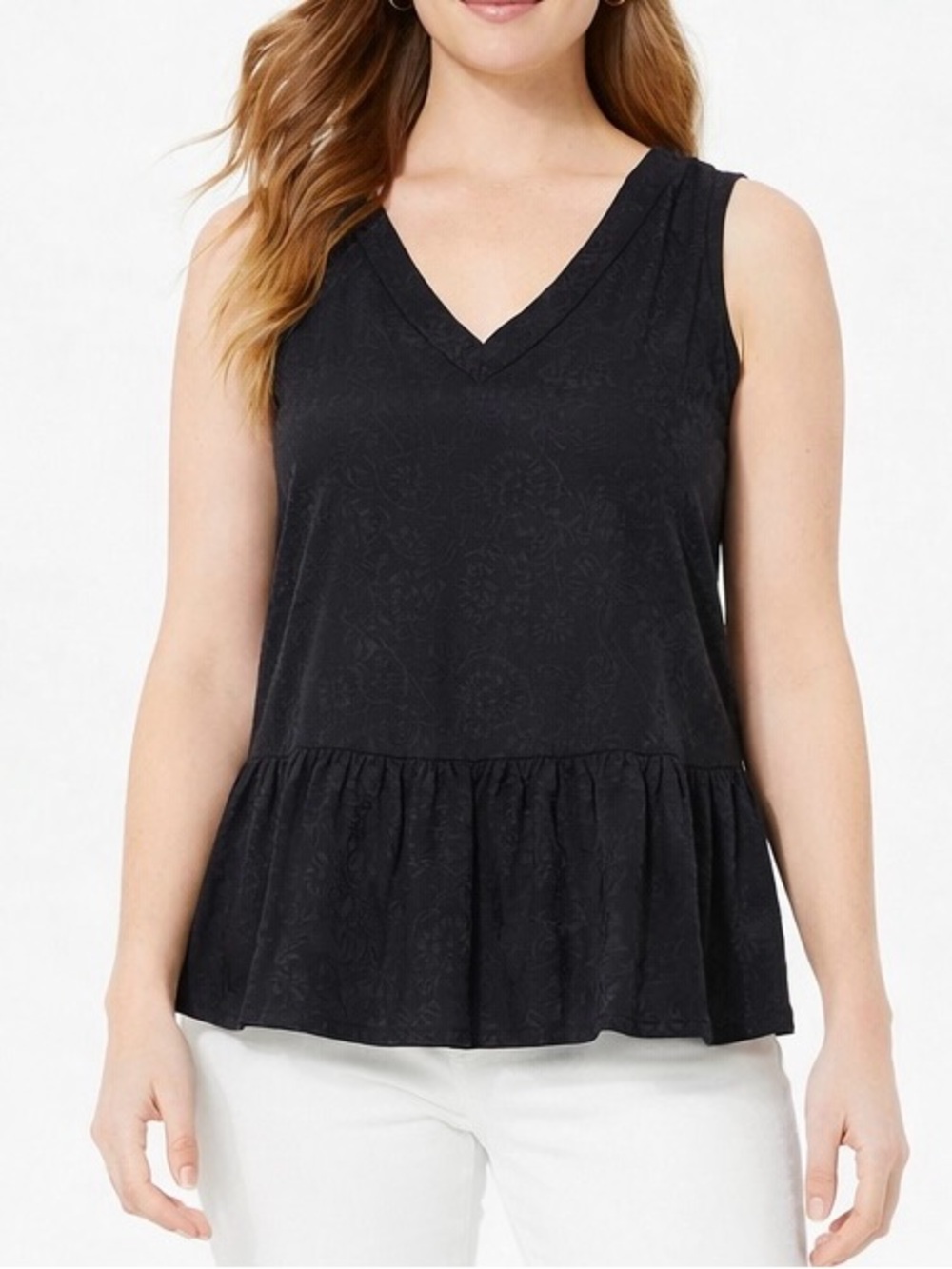 LOFT Black Floral Jacquard Sleeveless Peplum Top V-Neck Blouse XL